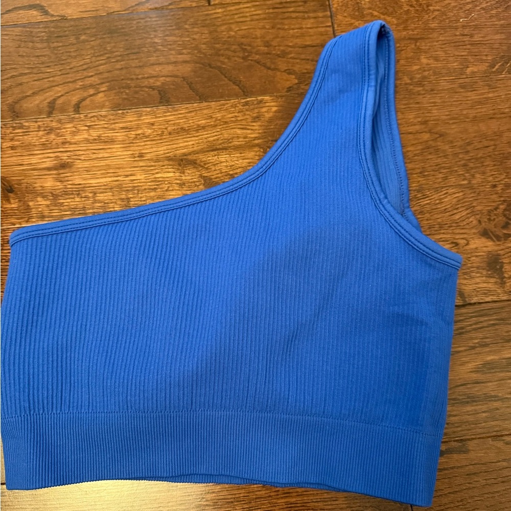 Blue One-Shoulder Ribbed Top - Picture 2 of 3